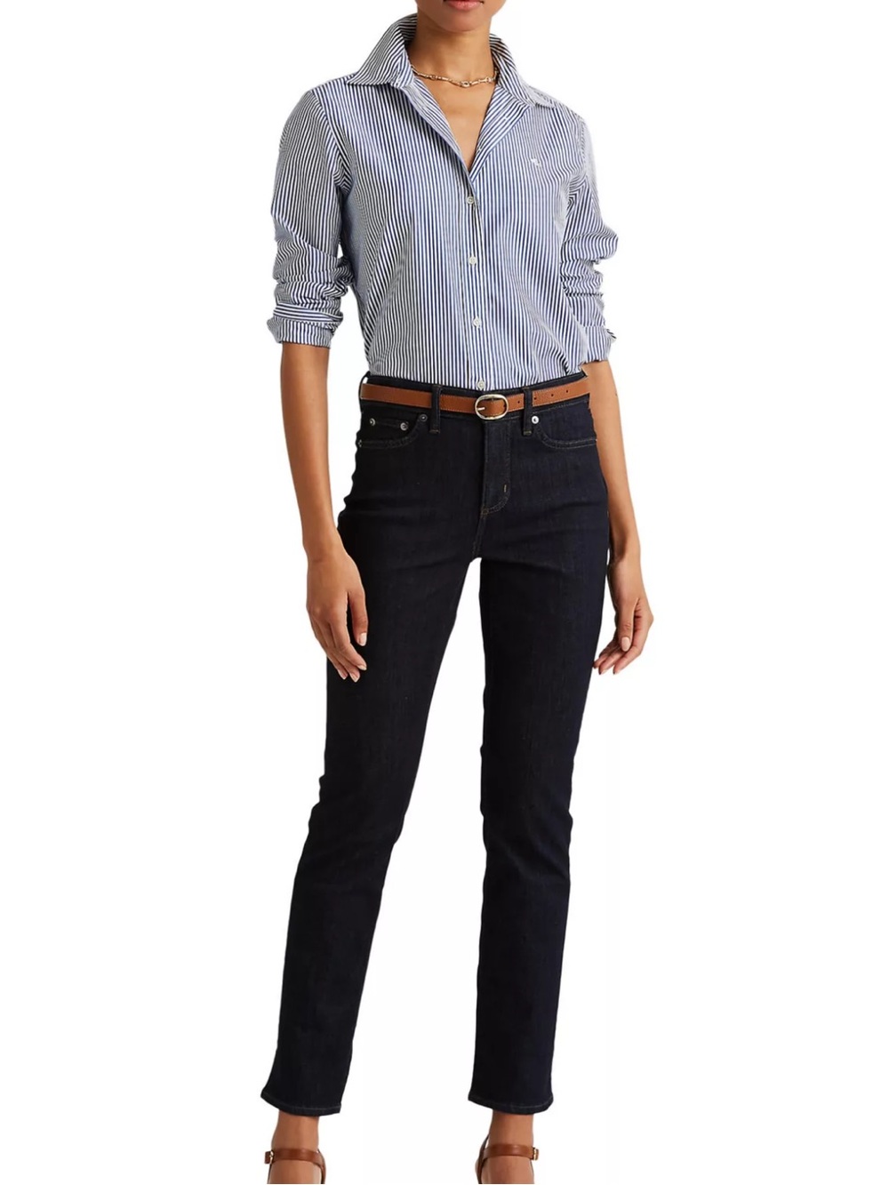 Lauren Ralph Lauren PurePress Blue & White Striped Button-Front Shirt Small $99